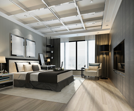 3D de renderizado hermoso dormitorio de lujo en el Hotel con TV photo
