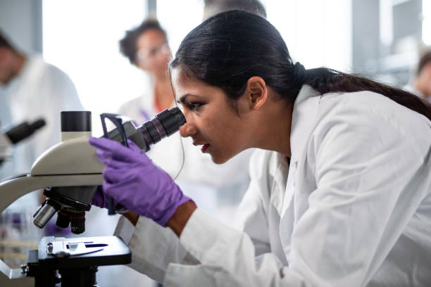 istock Young Indian woman working in the laboratory and using the microscope 1145252914