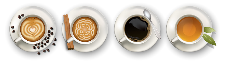 Coffee, cappuccino, Espresso, Tea, top view in vector format