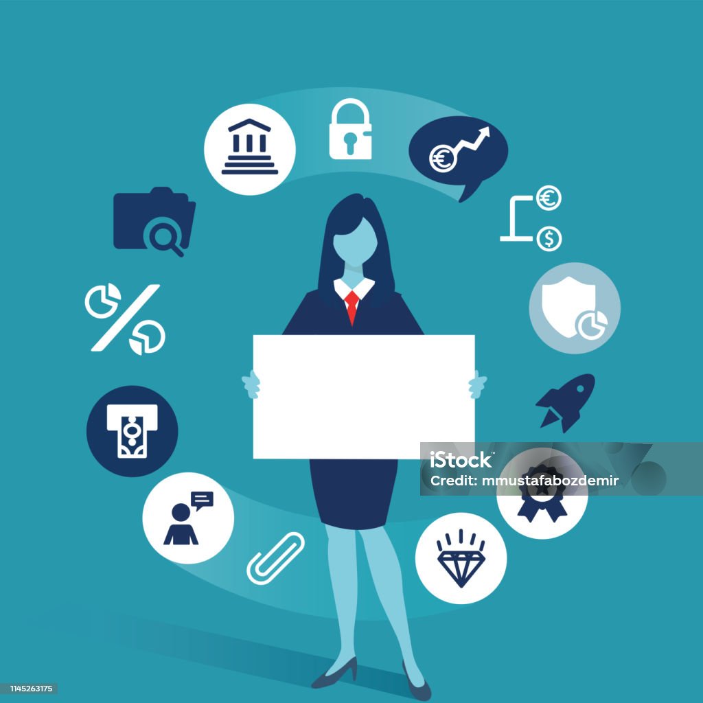 business woman with empty writing space in hands icons illustration - Vector Handwriting stock vector