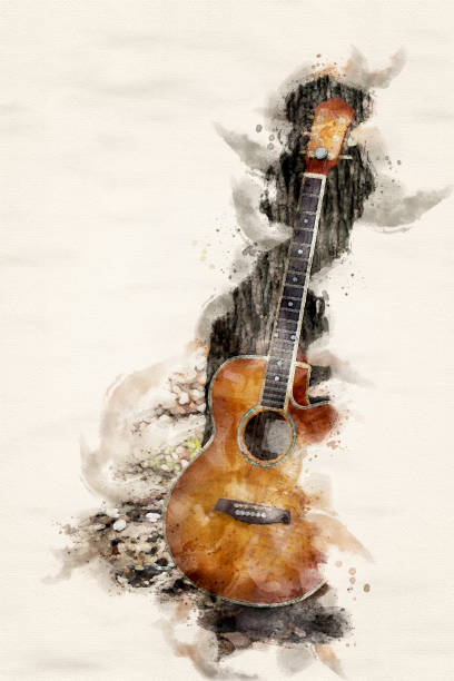 istock a guitar leaning on a tree in watercolors 1145263197