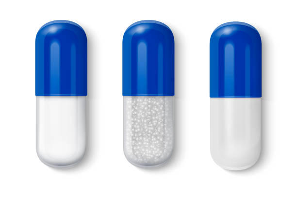 istock Vector 3d Realistic White and Blue Medical Pill Icon Set Closeup Isolated on White Background. Design template of Pills, Capsules for graphics, Mockup. Medical and Healthcare Concept. Top View 1145263724