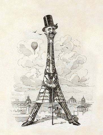 Vintage caricature portrait of Gustave Eiffel in the shape of his most famous work, the Eiffel Tower.