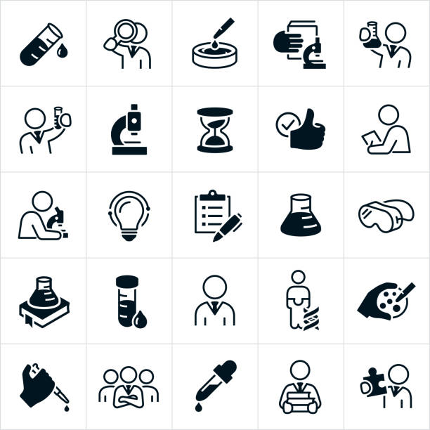 Laboratory Icons A set of laboratory icons. The icons include scientists, chemists, laboratory, experiments, testing, beakers, test tubes, petri dishes, microscopes, data, checklist, lab goggles, lab samples, eye dropper, genes, chromosomes, technicians, pathologist, cytotechnologist, medical technologists, histotechnologist, and other professionals. laboratory test stock illustrations