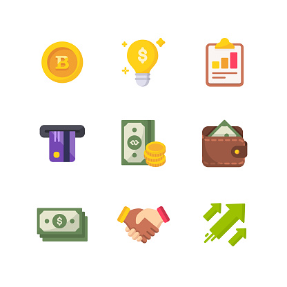 9 Money and Finance Flat Vector Icons.