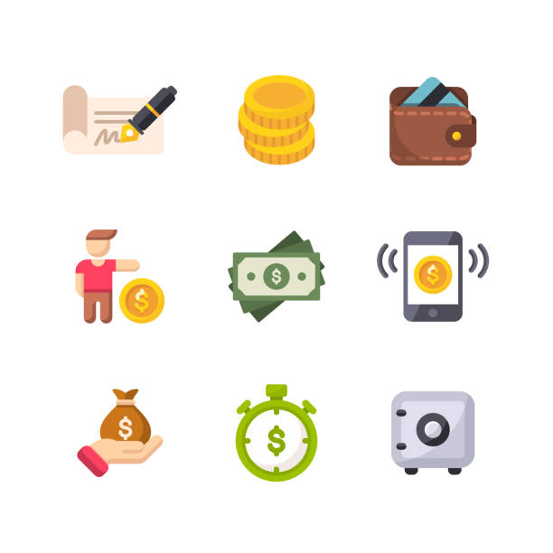 pieniądze i finanse płaskie ikony wektora. pixel perfect. dla urządzeń mobilnych i sieci web. - money bag symbol check banking stock illustrations