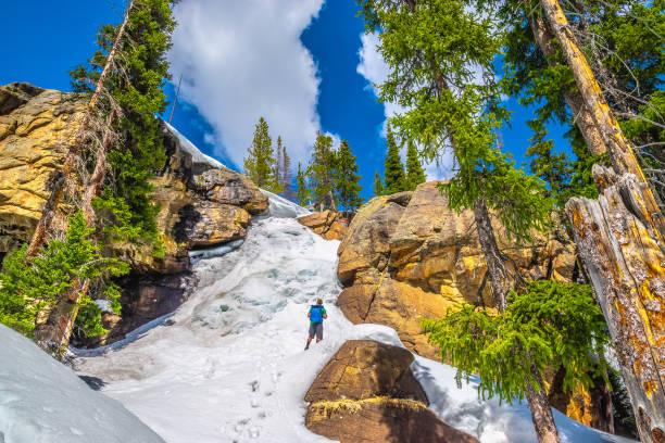 Beautiful Spring Hike to Ouzel Falls in Rocky Mountain National Park in Allenspark, Colorado stock photo