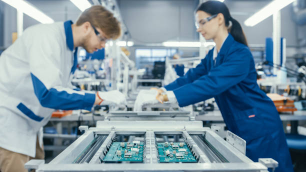 istock Shot of an Electronics Factory Workers Assembling Circuit Boards by Hand While it Stands on the Assembly Line. High Tech Factory Facility. 1145276198