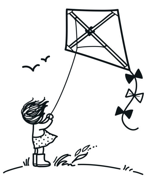 Little Girl On A Hill Flying A Kite On A Windy Day With Windswept Hair Cute  Black And White Pen And Ink Style Simple Doodle Vector Cartoon Hand Drawn  Illustration Children Decor