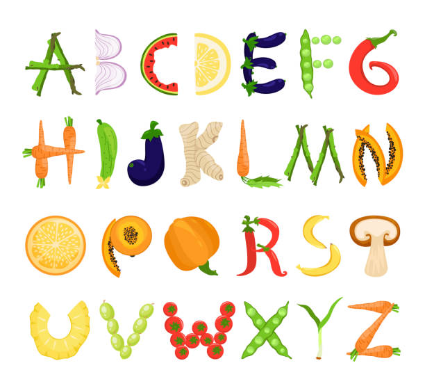 ilustrações de stock, clip art, desenhos animados e ícones de food alphabet tasty set, font typography collection - letter alphabet symbol fruit