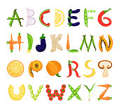Food alphabet tasty set, font typography collection