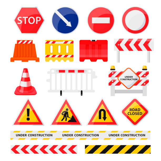 도로 건설 표지판 세트, 도시 건설 및 수리 - cone stock illustrations