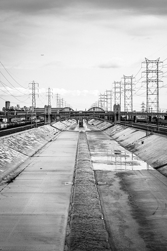 Los Angeles River canal and bridge.\nCalifornia, USA