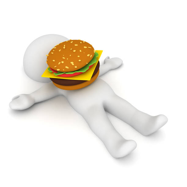 3d-charakter unter einem hamburger stecken - three dimensional hamburger unhealthy eating isolated on white stock-fotos und bilder