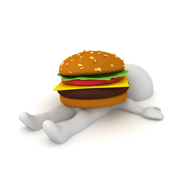 3d-charakter liegt mit burger auf ihm - three dimensional hamburger unhealthy eating isolated on white stock-fotos und bilder