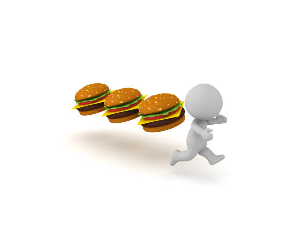 3d-charakter wird von hamburgern gejagt - three dimensional hamburger unhealthy eating isolated on white stock-fotos und bilder