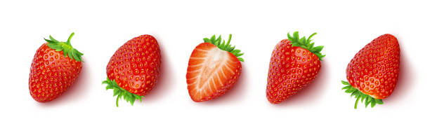 strawberry isolated on white background with clipping path, top view - morango imagens e fotografias de stock