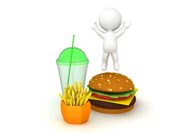 3d charakter ist glücklich, dass er fast food hat - three dimensional hamburger unhealthy eating isolated on white stock-fotos und bilder