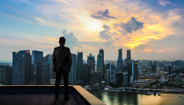 uomo d'affari che guarda la città sul tetto del grattacielo - roof men business city foto e immagini stock