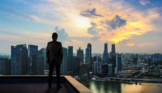 Businessman watching the city on the rooftop of skyscraper
