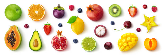 Assortment of different fruits and berries, flat lay, top view Assortment of different fruits and berries, flat lay, top view, apple, strawberry, pomegranate, mango, avocado, orange, lemon, kiwi, peach isolated on white background food fruit close up strawberry stock pictures, royalty-free photos & images