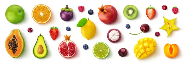Photo of Assortment of different fruits and berries, flat lay, top view