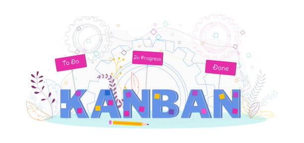 Kanban Project Management System typography. Kanban Project Management System typography. Flat cartoon illustration. Objects isolated on white background. word processing stock illustrations