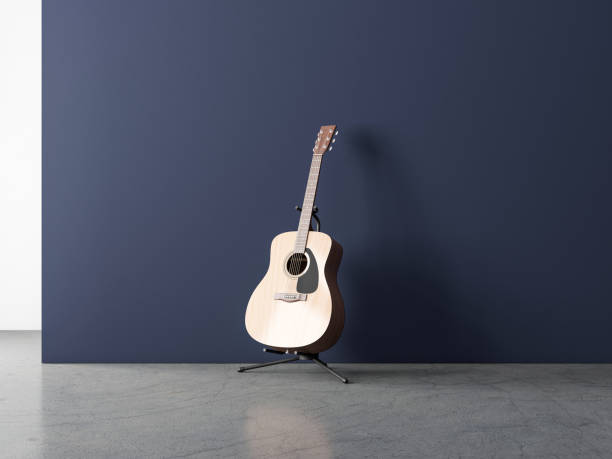 istock Acoustic Guitar Mockup on Stand in empty room with blue wall 1145286391
