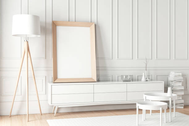 istock Large Wooden poster Frame Mockup standing on the white bureau 1145287149