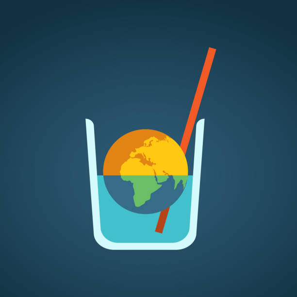 problem globalny: wysychanie planety. połowa martwej planety ziemi w pół pustej szklance wody ze słomą. - scarcity stock illustrations