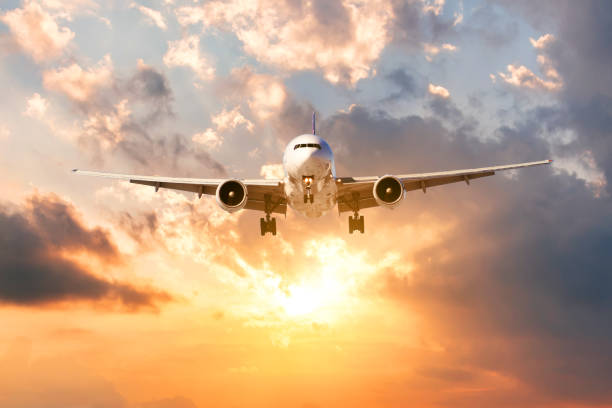 istock Passenger aircraft completes the flight journey in the evening at sunset. 1145292138