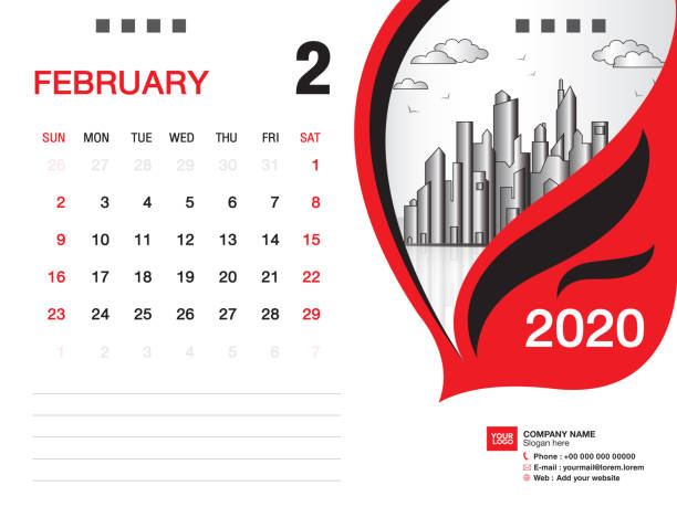 Desk Calendar 2020 template vector, FEBRUARY 2020 month, business layout, 8x6 inch, Week starts Sunday, Stationery design, printing media, publication template Desk Calendar 2020 template vector, FEBRUARY 2020 month, business layout, 8x6 inch, Week starts Sunday, Stationery design, printing media, publication template desk calendar february 2010 stock illustrations
