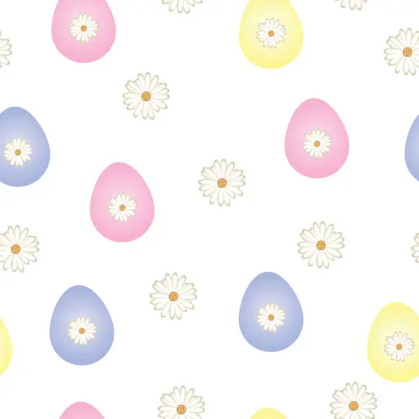 Vector illustration of seamless pattern with Easter eggs in pastel colors and daisy flowers vector