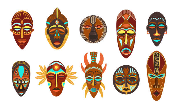 흰색 배경에 고립 된 다른 모양의 화려한 아프리카 민족 부족 의식 마스크의 평면 세트. - indigenous culture illustrations stock illustrations