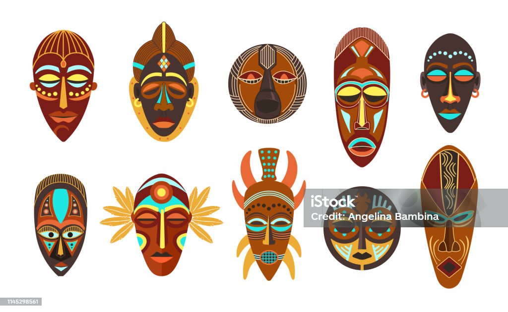 Flat set of colorful african ethnic tribal ritual masks of different shape isolated on white background. Flat set of colorful african ethnic tribal ritual masks of different shape isolated on white background vector illustration. Africa stock vector