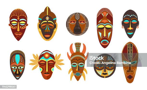 Flat Set Of Colorful African Ethnic Tribal Ritual Masks Of Different Shape Isolated On White Background Stock Illustration - Download Image Now