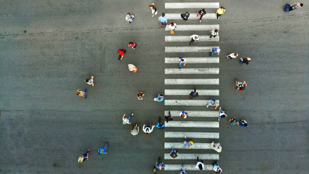 istock People crowd, top view. Pedestrian crossing crosswalk view above. 1145298854