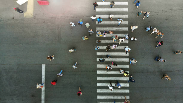 istock People crowd, top view. Pedestrian crossing crosswalk view above. 1145298902