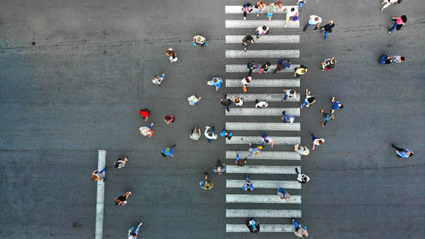 istock People crowd, top view. Pedestrian crossing crosswalk view above. 1145298903