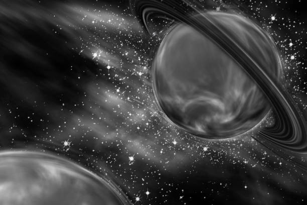istock Planets over the nebulae in space. Beautiful black and white illustration. 1145298949
