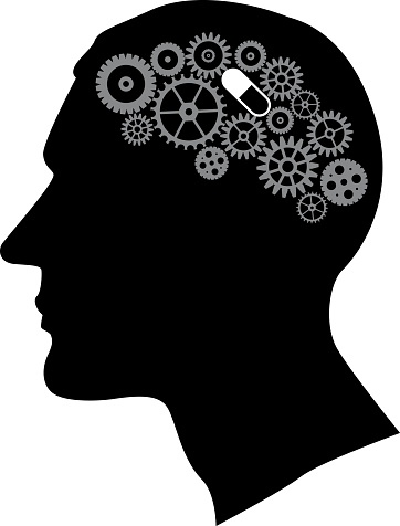 Male profile with a pill stuck in gears of his mind, EPS 8 vector illustration on mental health medications