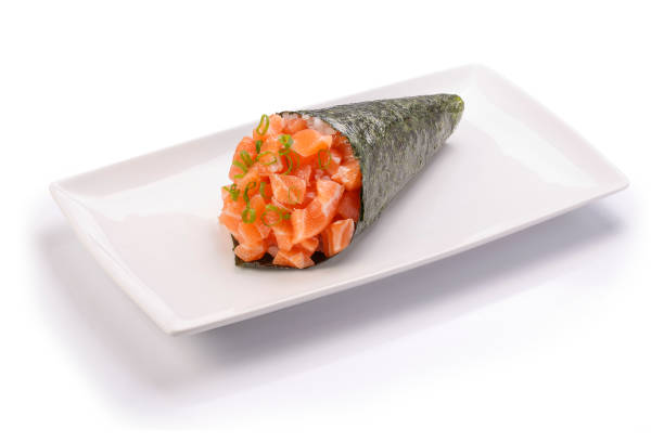 istock Temaki Salmon Sushi on white background 1145303256
