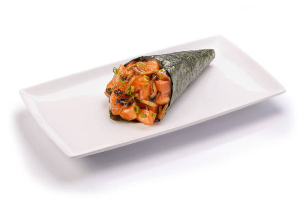 istock Temaki Salmon Sushi on white background 1145303273
