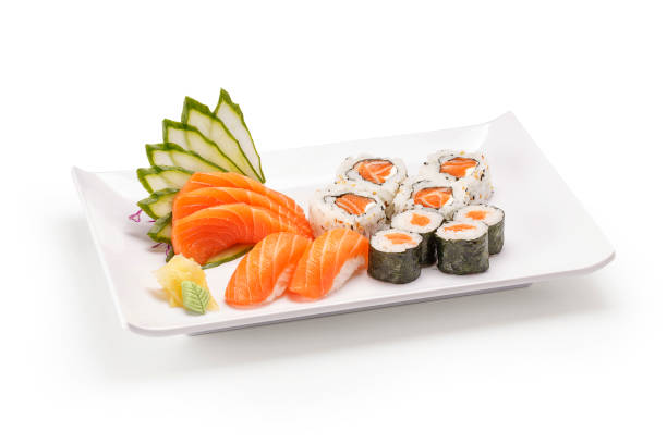 Sushi and sashimi on white background stock photo