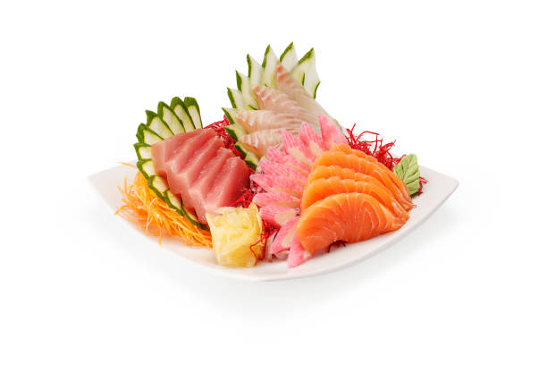 istock Tuna and salmon sashimi on white background 1145303437