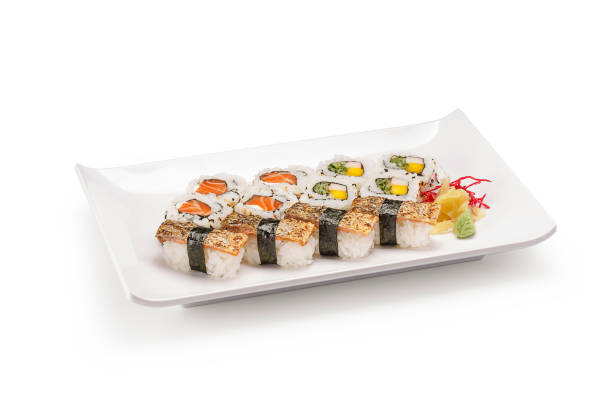 istock Sushi and sashimi on white background 1145303448