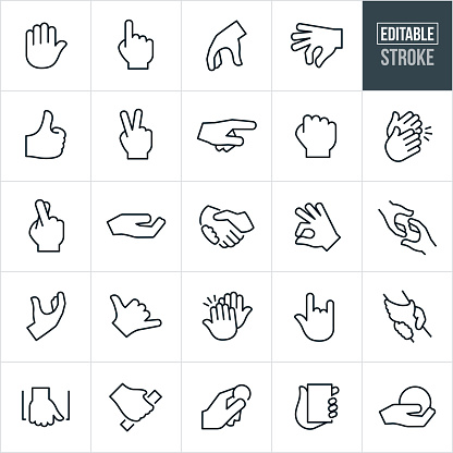 A set hand gesture icons that include editable strokes or outlines using the EPS vector file. The icons include a hand up, number one hand, pointing hand, hand grabbing, fingers pinching, thumbs up, peace sign, hand with two fingers up, fist, clapping hands, fingers crossed, holding out hand, handshake, reaching out hand, grasping hand, hang loose hand, high five, love sign hand, rescuing hand and others.