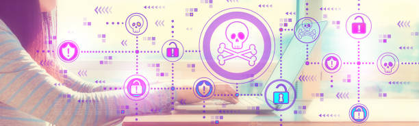 istock Virus and scam theme with woman working on a laptop 1145315564