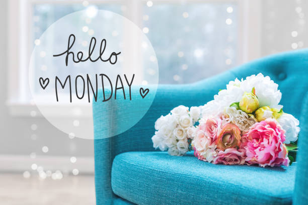 istock Hello Monday message with flower bouquets with chair 1145315592