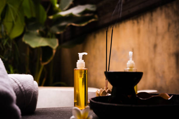 istock Spa salon, massage oils, incense sticks 1145317068